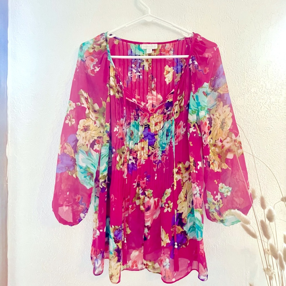 Sheer Floral Blouse with Tassles in Hot Magenta